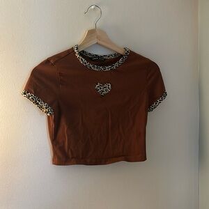 shein: brown crop top with cheetah print heart
